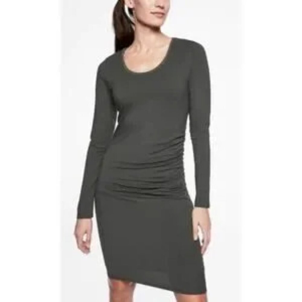 NEW Athleta XS Carefree Long Sleeve Dress Ruched Side Fitted NWT Black Gray